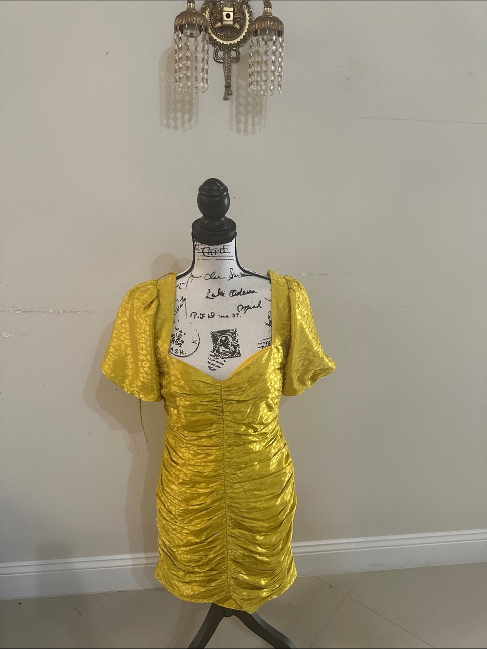 Adelyn Rae Yellow Ruched Mini Dress with Puff Sleeves